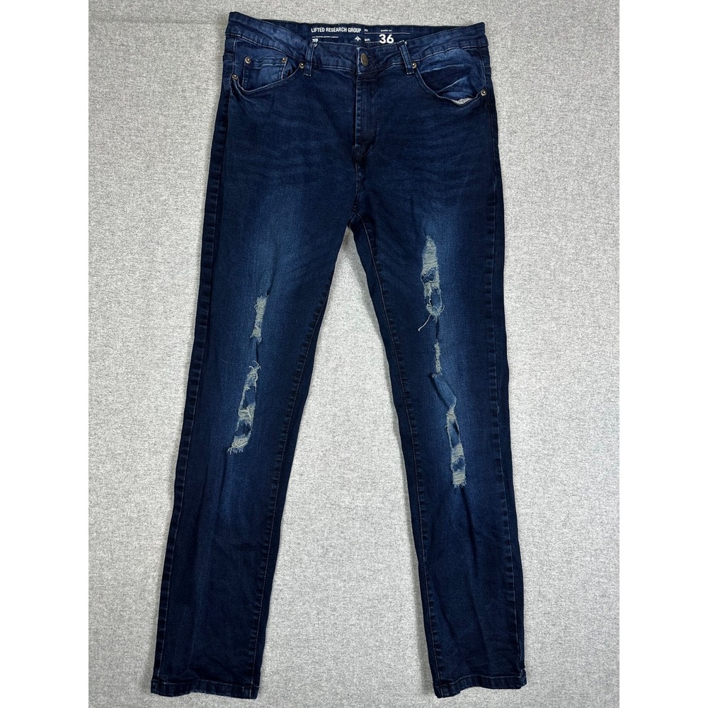 LRG Jeans Mens 36x32 Lifted Research Group Skinny Fit Distressed Jeans Dark Wash